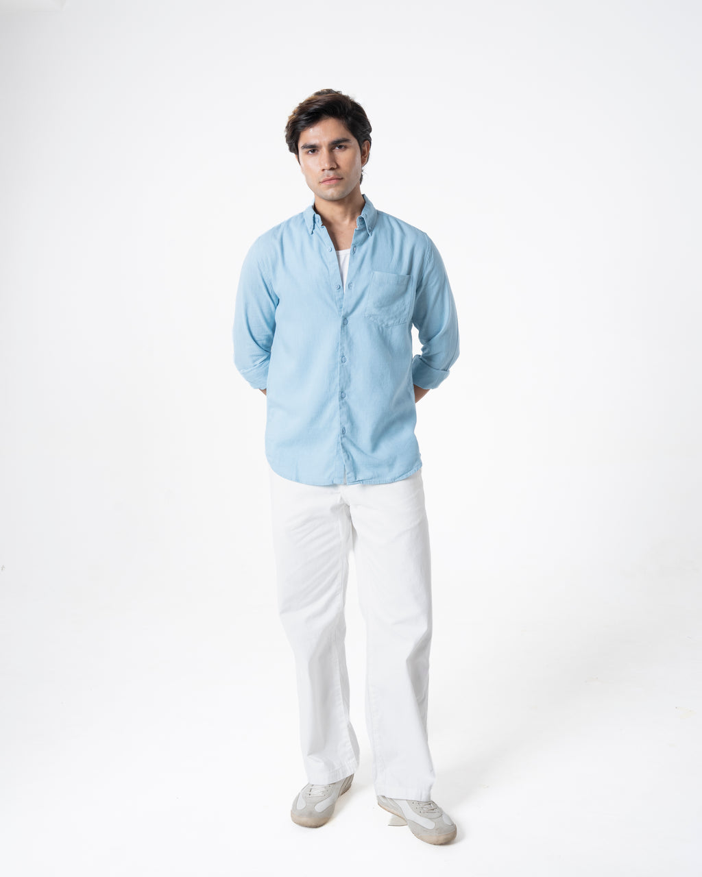 BLUE LINEN BLEND SHIRT