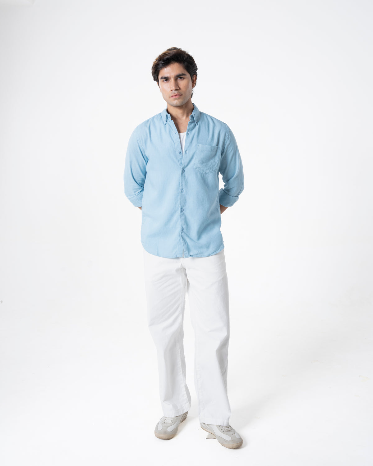 BLUE LINEN BLEND SHIRT