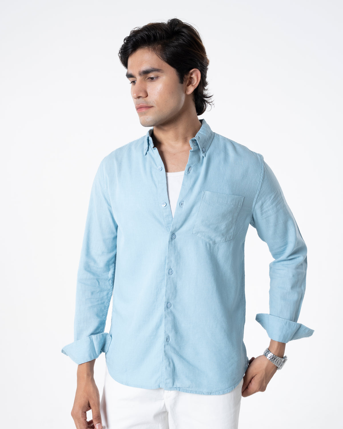 BLUE LINEN BLEND SHIRT
