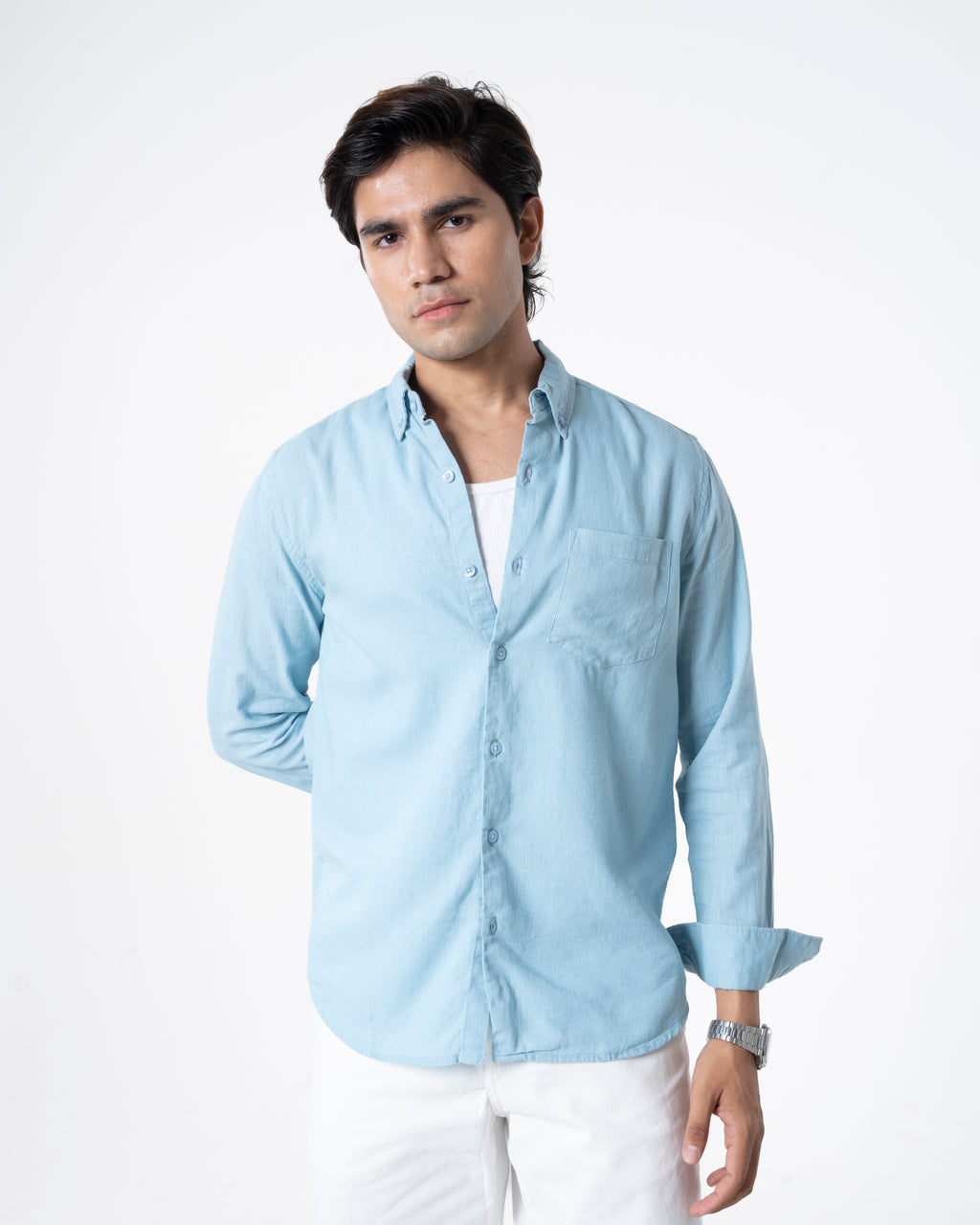 BLUE LINEN BLEND SHIRT