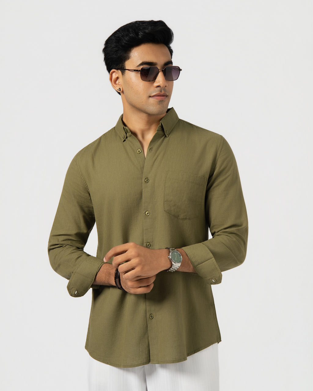 OLIVE GREEN LINEN BLEND SHIRT