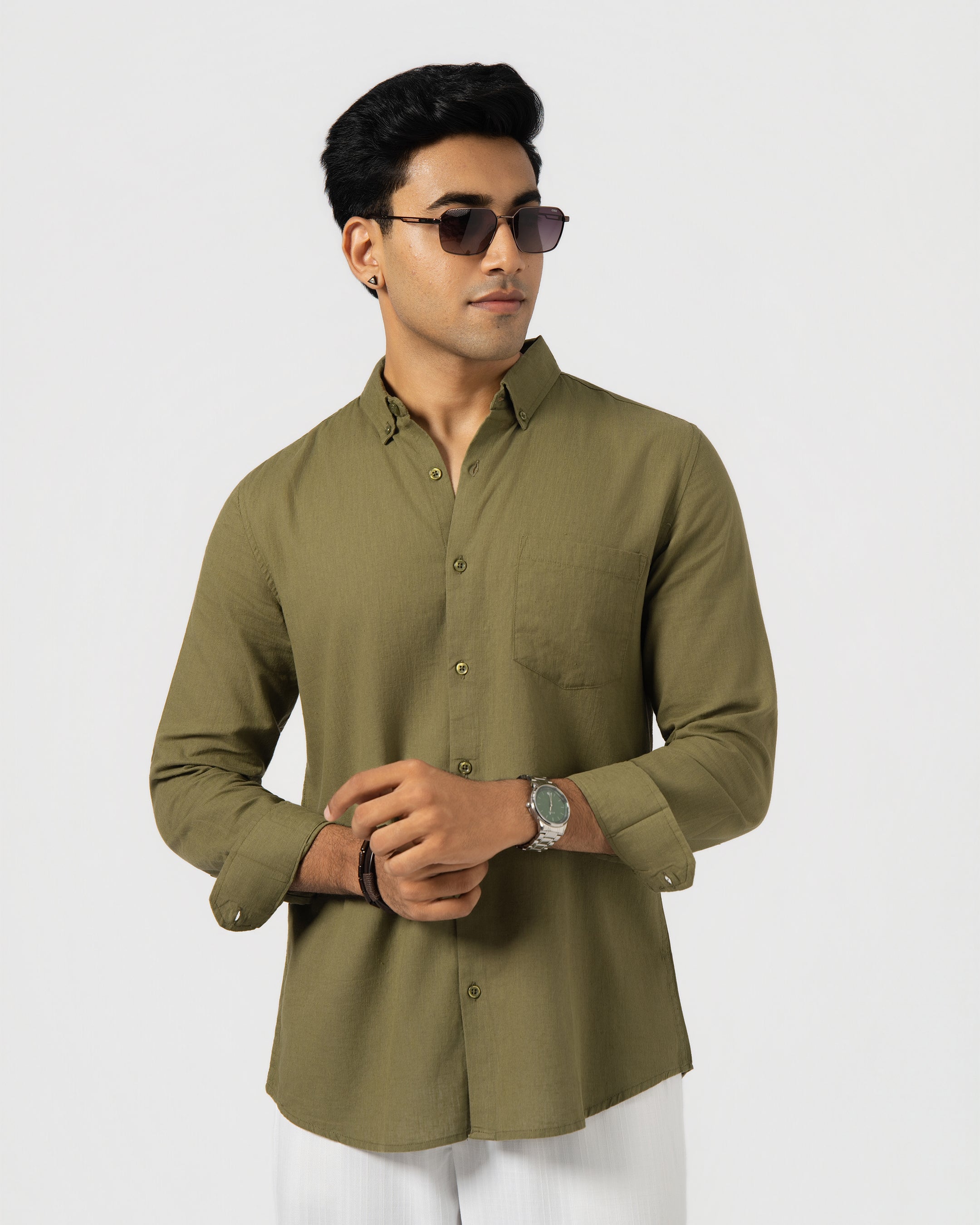 OLIVE GREEN LINEN BLEND SHIRT