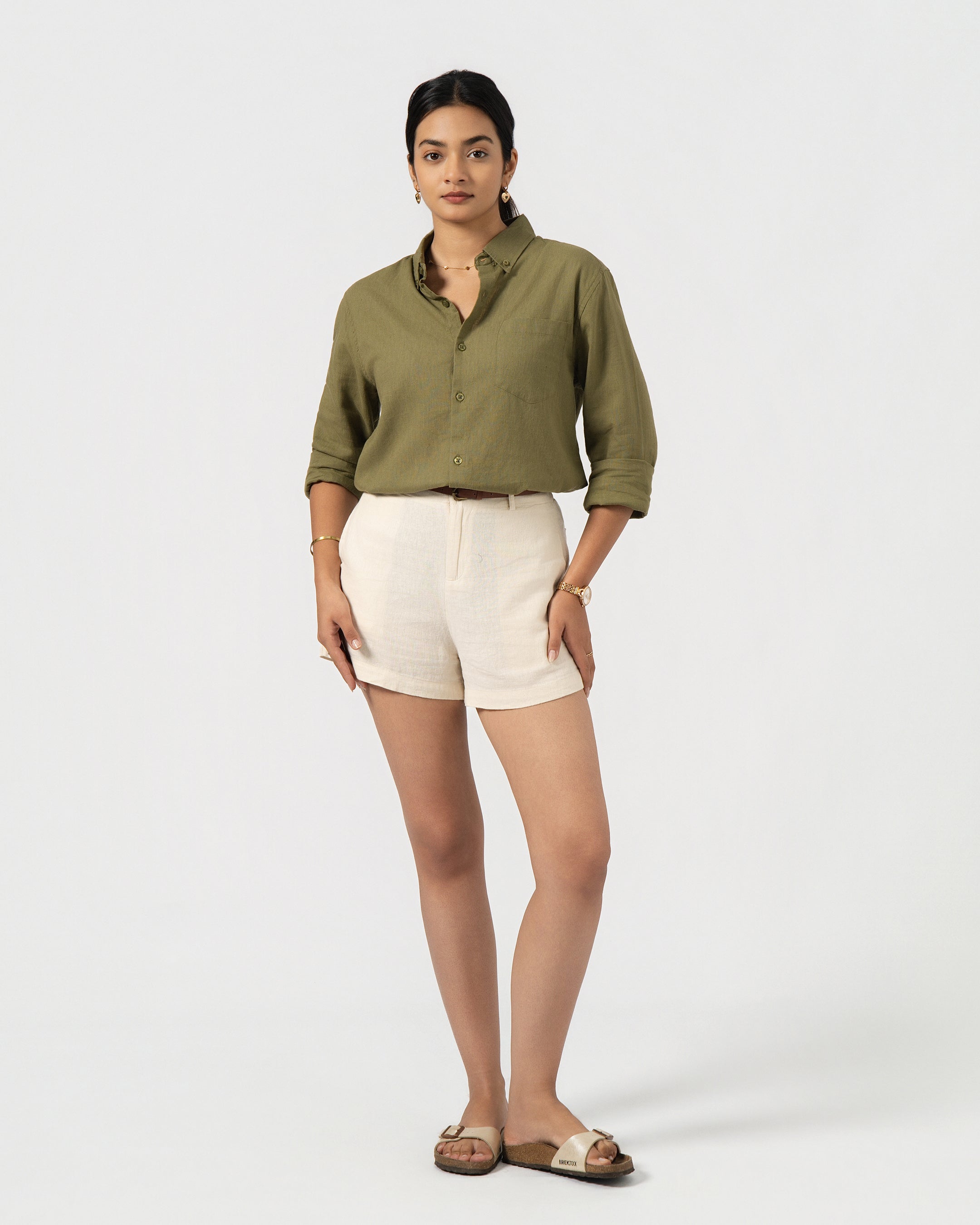OLIVE GREEN LINEN BLEND SHIRT