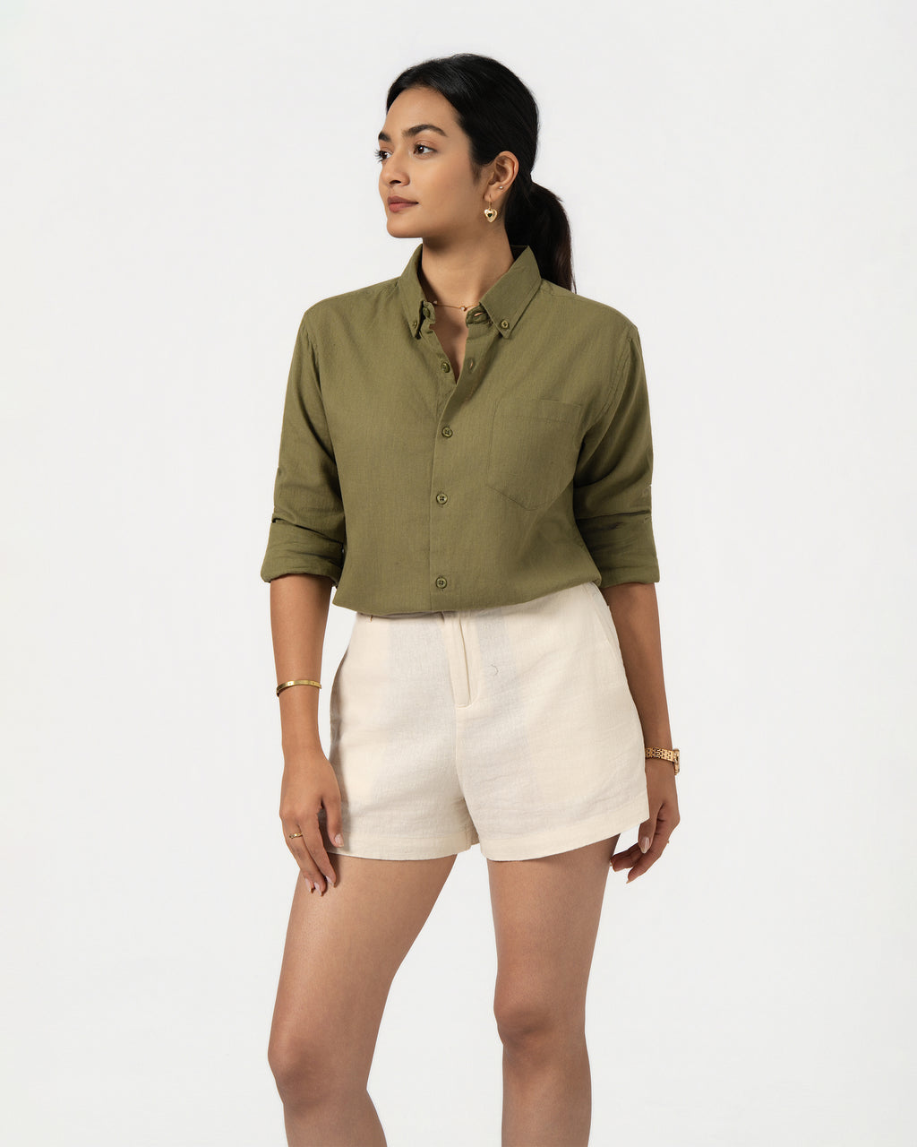 OLIVE GREEN LINEN BLEND SHIRT