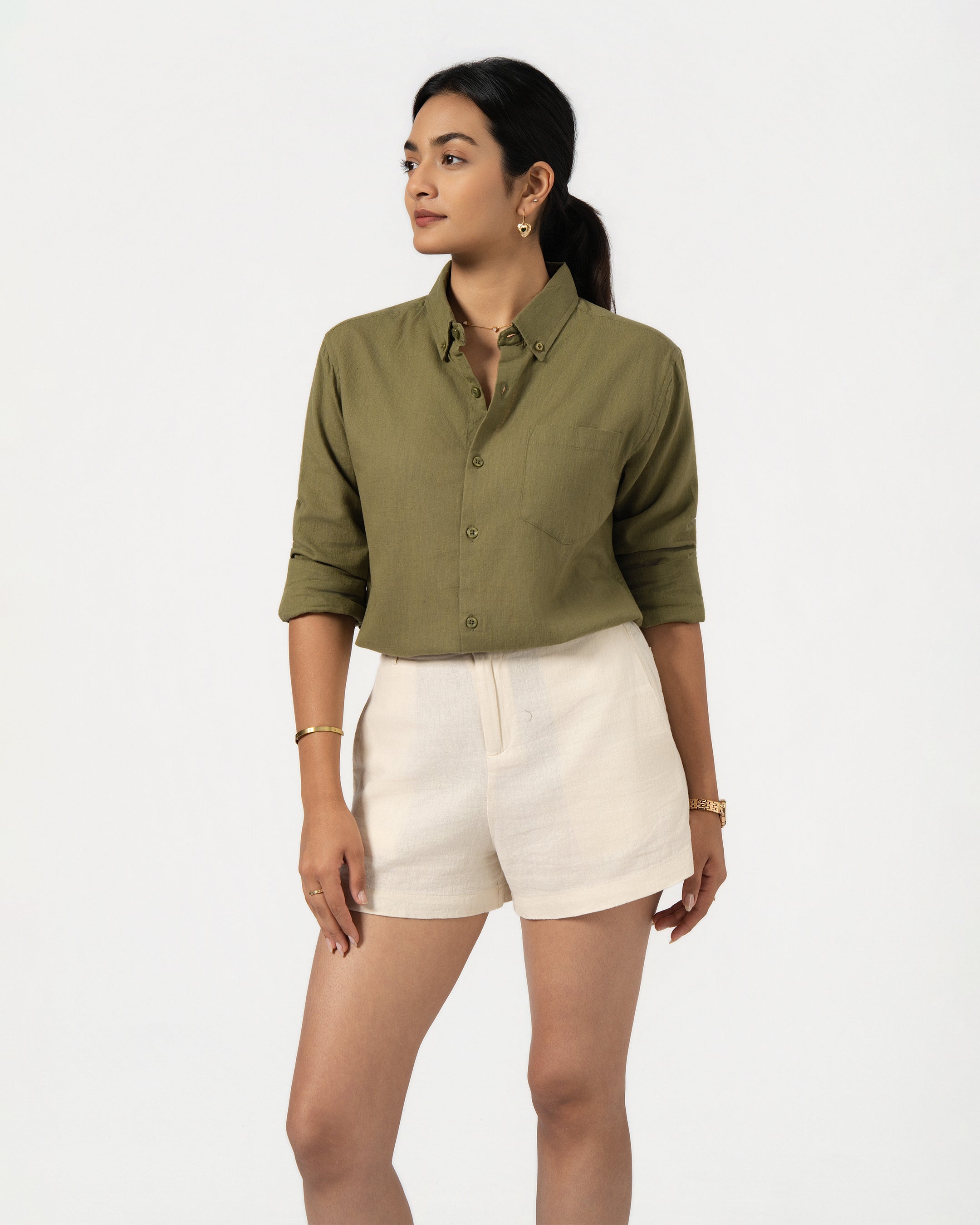 OLIVE GREEN LINEN BLEND SHIRT