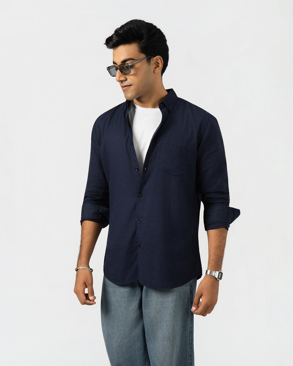 NAVY BLUE LINEN BLEND SHIRT