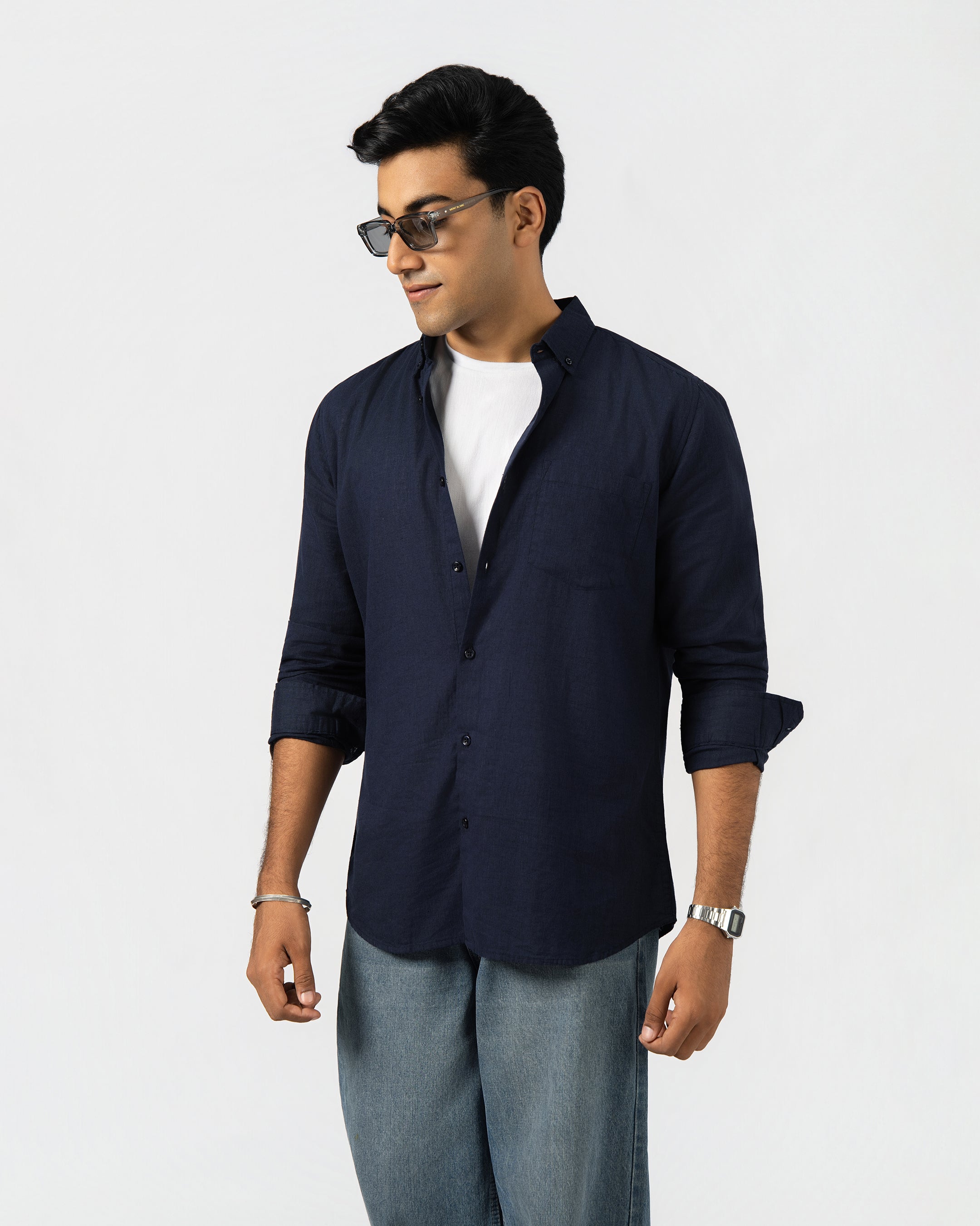 NAVY BLUE LINEN BLEND SHIRT