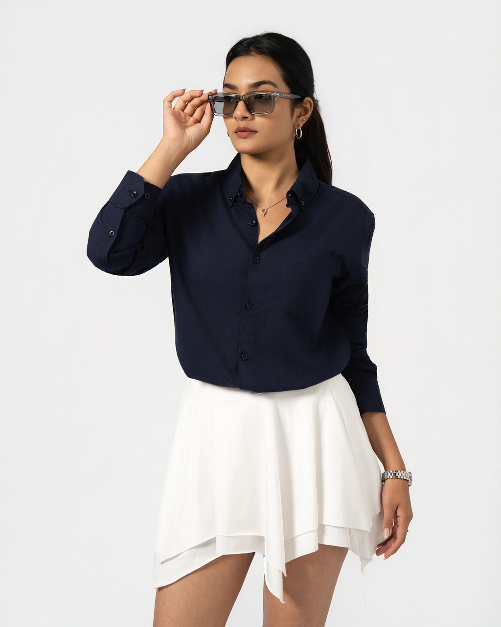 NAVY BLUE LINEN BLEND SHIRT