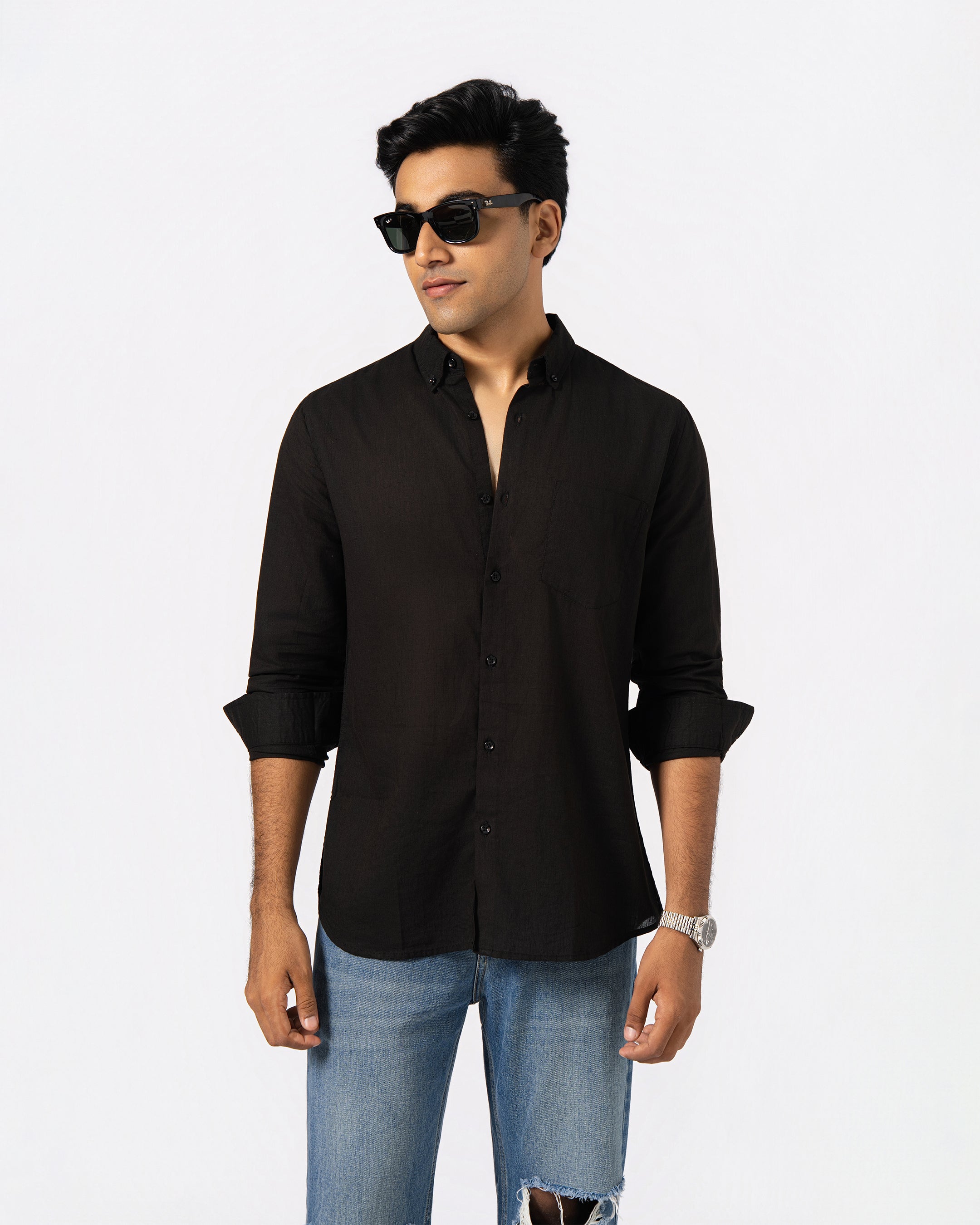 BLACK LINEN BLEND SHIRT