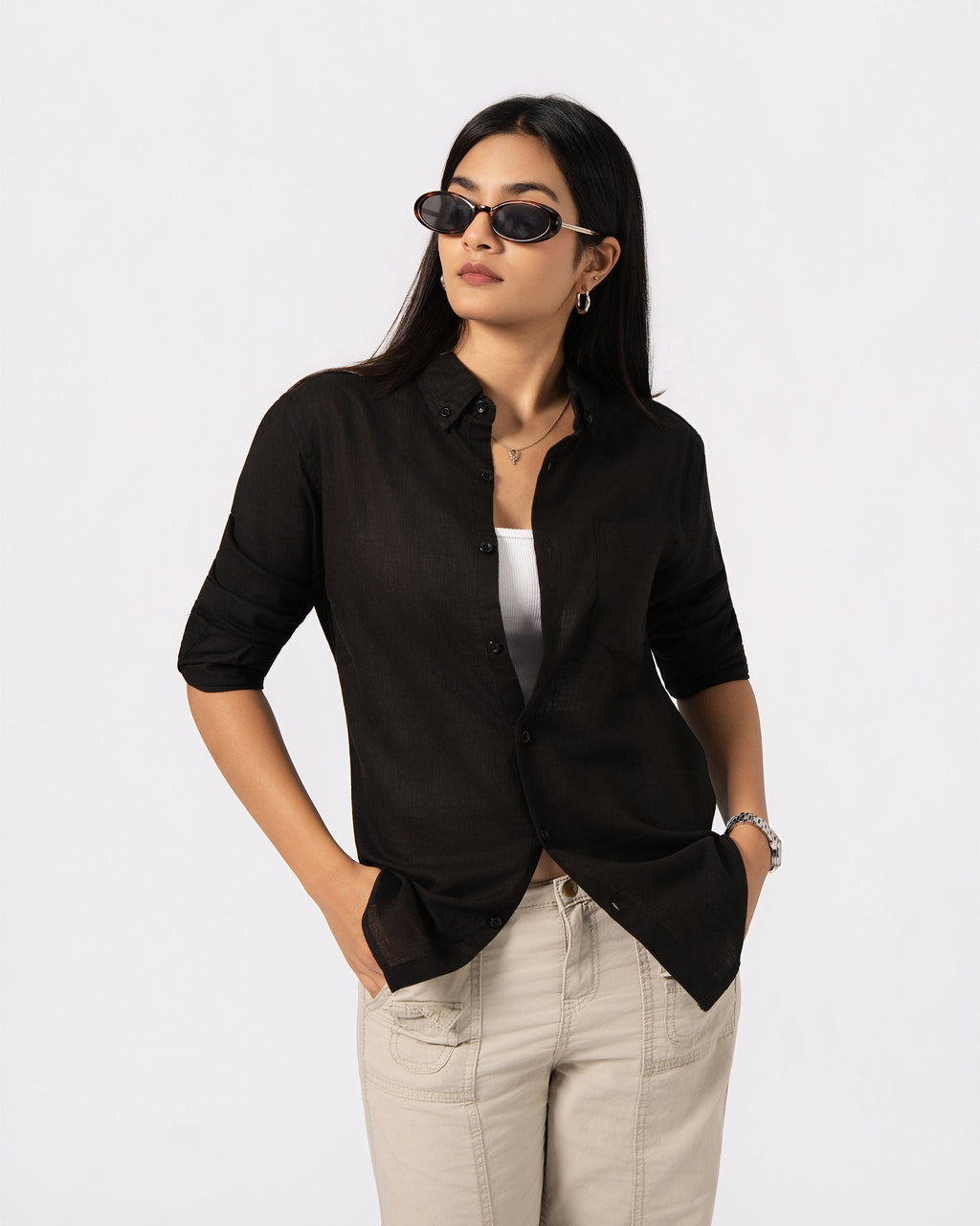 BLACK LINEN BLEND SHIRT