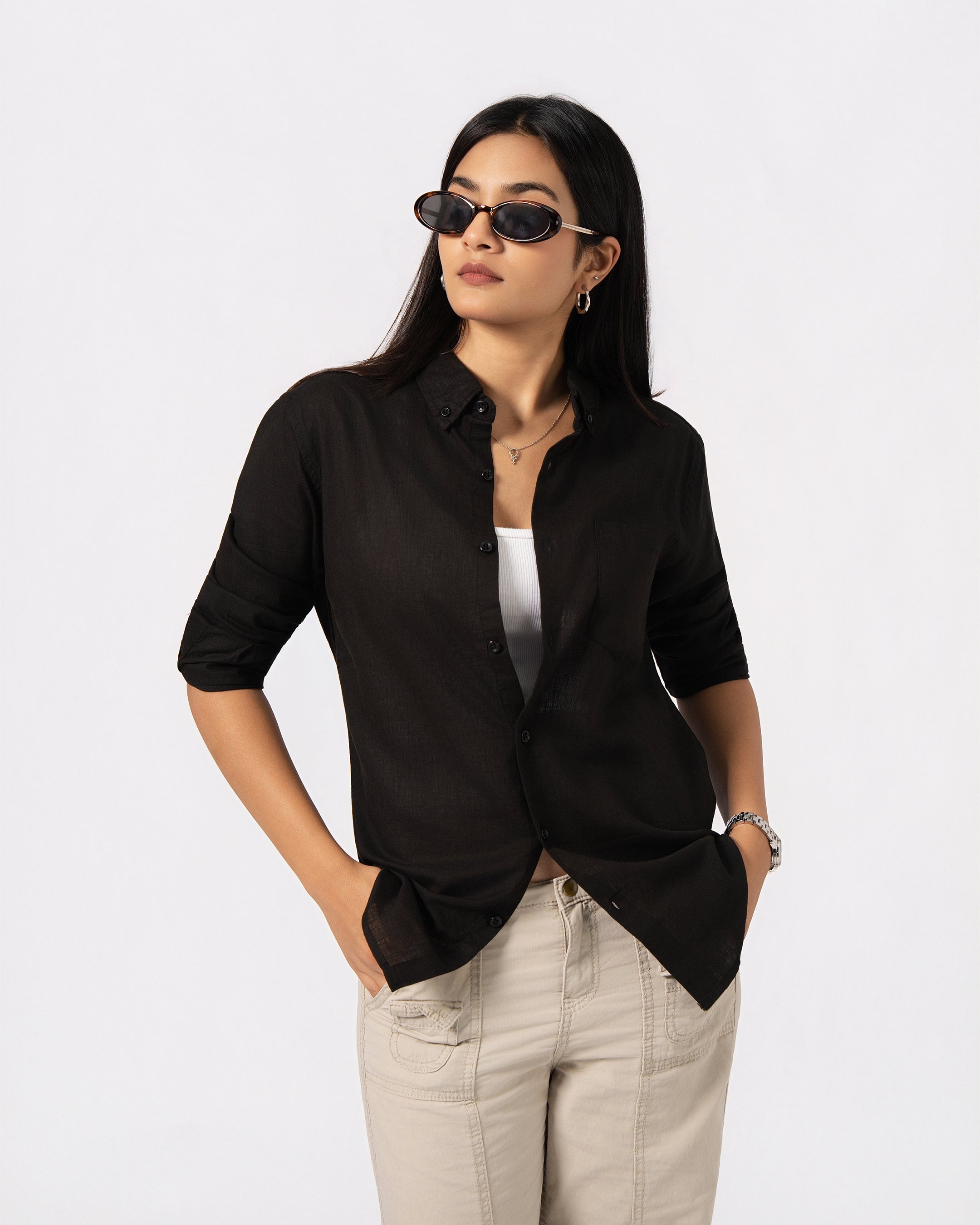 BLACK LINEN BLEND SHIRT